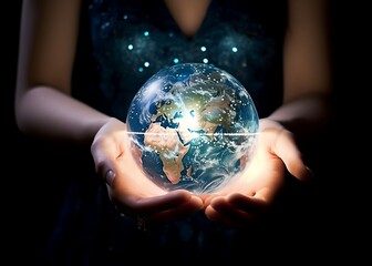 Woman holds hologram model of Earth globe on black