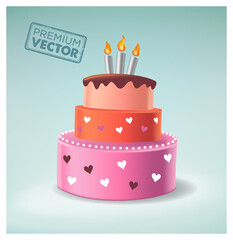 fun birthday cake with three candles, three-tier cake, fruity heart