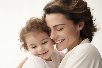A business woman's face lights up with a warm smile and looking affectionately at her child. They share a joyful moment, embodying harmony of professional success and matural love.