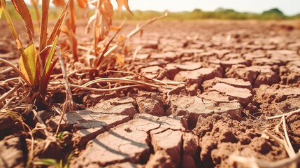 Dried crops close up over a cracked dry land, draught, food crisis concept