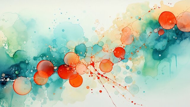 Watercolor paint red smears on green and yellow pattern