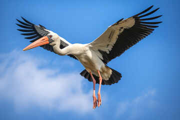 Fototapeta na wymiar Stork in flight on blue sky