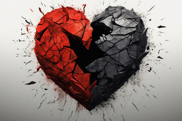 A red and black broken heart in half on a white background with a crack in the middle. Concept motif on the theme of broken heart.