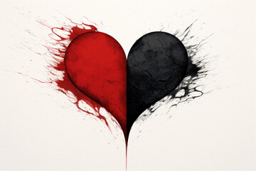 A red and black painted heart in two halves. Concept motif on the theme of broken heart.,