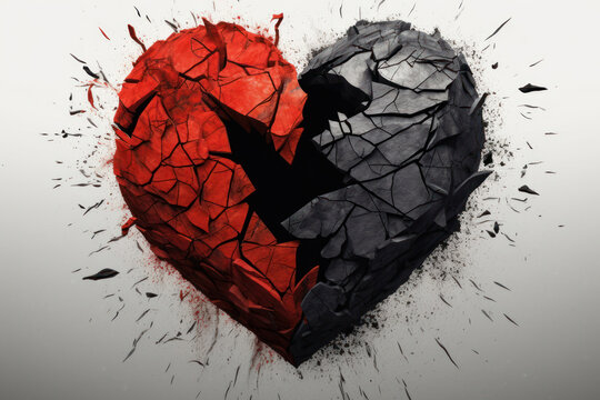 A red and black broken heart in half on a white background with a crack in the middle. Concept motif on the theme of broken heart.