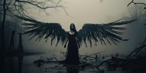 Female fallen angel covered in dirty mud and black oil with tarred wings, creepy swamp shrouded in thick fog, feelings of sorrow and despair, hopeless and forgotten outcast - generative AI 