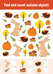 Find and count autumn objects. Worksheets activities for schooling, early education. Counting educational logical game, mathematic learning. I spy. Kid lessons, skill play puzzle for kids.