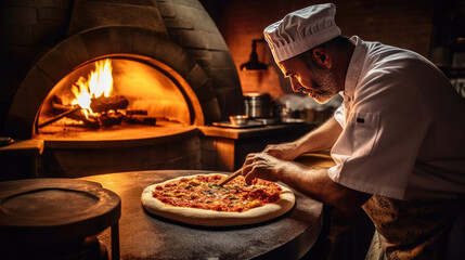 An expert chef prepares pizza in a wood-fired oven