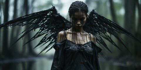 Female fallen angel covered in dirty mud and black oil with tarred wings, creepy swamp shrouded in thick fog, feelings of sorrow and despair, hopeless and forgotten outcast - generative AI 