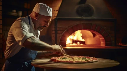 Foto op Plexiglas An expert chef prepares pizza in a wood-fired oven © didiksaputra