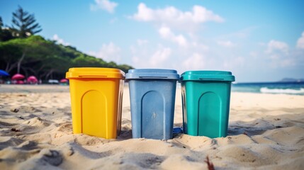 Trash bins on the sandy beach for waste separation