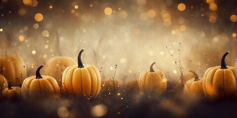 Glowing pumpkins in dark. Banner with a spooky charm for the autumn night, setting the tone for Halloween festivities.