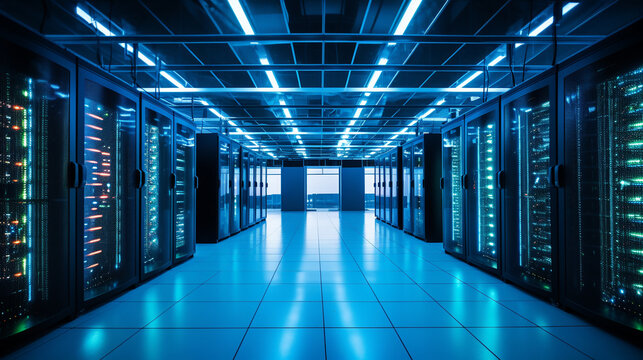 Dark data center room with rows of network servers and storage systems