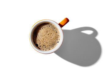 Top view of cup of coffee on white background