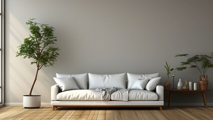 White sofa with soft cushions and potted tree in living room