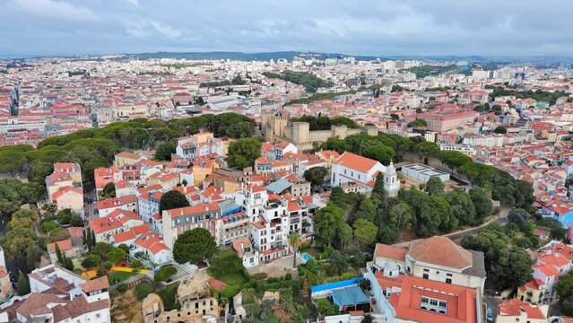 Lisbon: Aerial view of capital city of Portugal, Sao Jorge Castle (Castelo de S&atilde;o Jorge), sunny summer day - landscape panorama of Europe from above