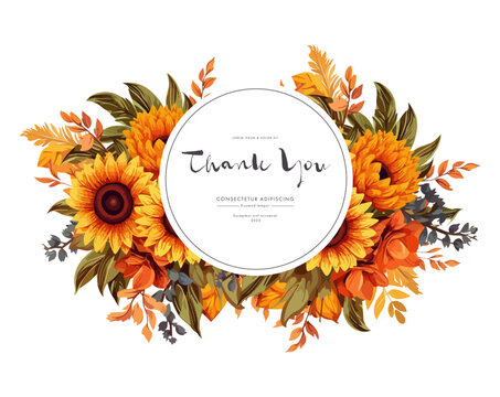 Autumn floral frame with sunflowers and leaves. Vector illustration.