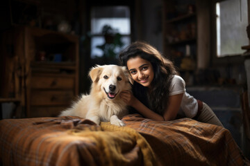 Indian pretty girl spending time or playing with pet dog