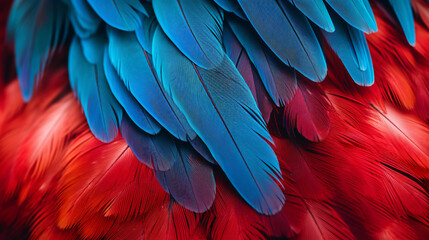 Closeup of a vibrant parrot. Background of parrot feathers showcasing a red and blue exotic texture. Generative AI.