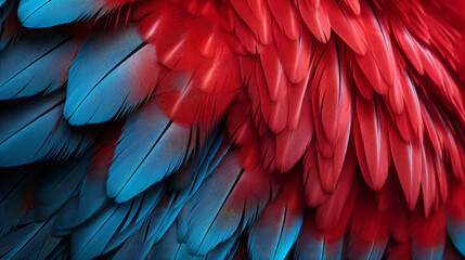 Obraz premium Closeup of a vibrant parrot. Background of parrot feathers showcasing a red and blue exotic texture. Generative AI.