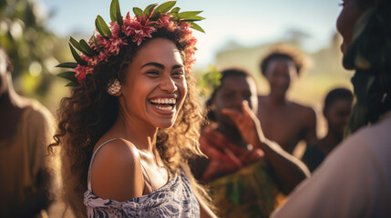 The woman capturing a candid moment with locals during a traditional dance performance in Fiji, celebrating cultural exchange  - obrazy, fototapety, plakaty