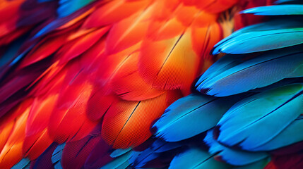 Obraz premium Closeup of a vibrant parrot. Background of parrot feathers showcasing a red and blue exotic texture. Generative AI.