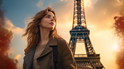 The young woman standing before the Eiffel Tower in Paris, the iconic landmark towering behind her as a symbol of her adventure 