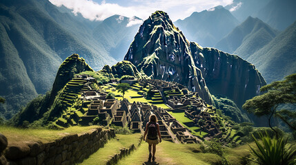 The woman hiking through the lush landscapes of Machu Picchu, the ancient ruins standing as a testament to human history  - obrazy, fototapety, plakaty