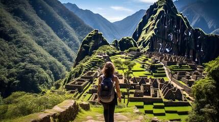 The woman hiking through the lush landscapes of Machu Picchu, the ancient ruins standing as a testament to human history  - obrazy, fototapety, plakaty