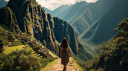 The woman hiking through the lush landscapes of Machu Picchu, the ancient ruins standing as a testament to human history 