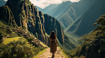 Washable wall murals Machu Picchu The woman hiking through the lush landscapes of Machu Picchu, the ancient ruins standing as a testament to human history 