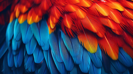 Obraz premium Closeup of a vibrant parrot. Background of parrot feathers showcasing a red and blue exotic texture. Generative AI.