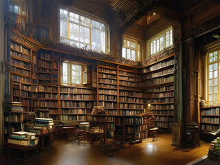 interior of an old-fashioned library in a grand house crowded with old wooden furniture and books on shelves. - obrazy, fototapety, plakaty