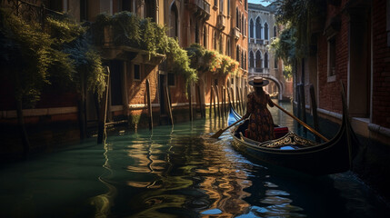 The woman riding a gondola along the picturesque canals of Venice, the city's unique charm reflected in the scene 