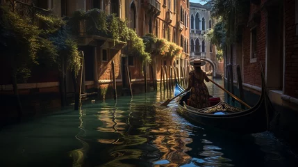 Photo sur Plexiglas Pont du Rialto The woman riding a gondola along the picturesque canals of Venice, the city's unique charm reflected in the scene 