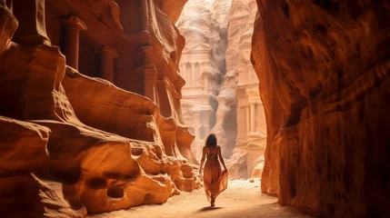 Photo sur Plexiglas Brun The woman trekking through the mystical landscapes of Petra, the ancient city's rock-cut architecture unfolding before her 