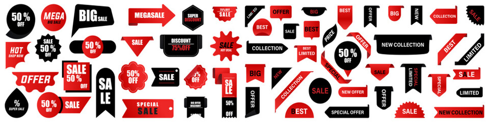 Sale and discount label collection. Set of red and black label, ribbon, banner, sticker, tags for promotion. Discount banners collection