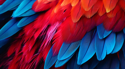 Fototapeta premium Closeup of a vibrant parrot. Background of parrot feathers showcasing a red and blue exotic texture. Generative AI.
