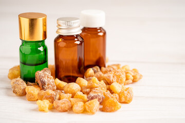 Frankincense or olibanum aromatic resin isolated on white background used in incense and perfumes.