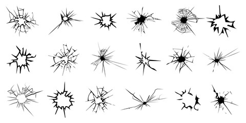Bullet hole collection. Set of cracked dots from gunshot shooting area. Bullet holes or gunshot holes collection © top dog