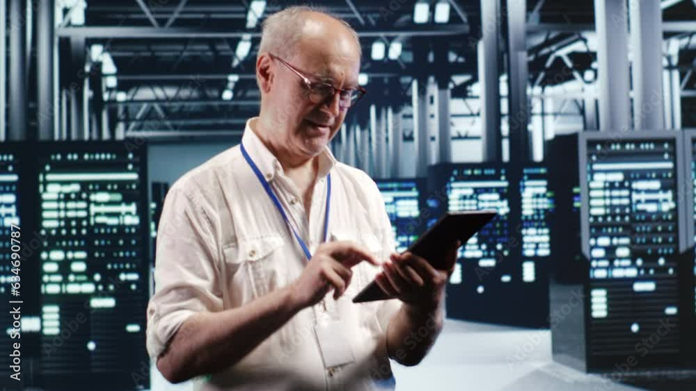 Poster octogenarian professional navigating network of server rigs in industrial base of operations. admin 