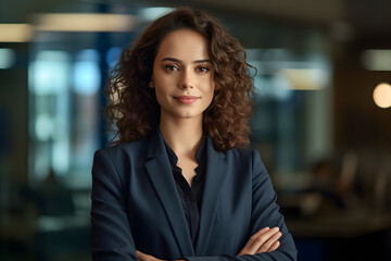 Portrait of confident smiling young woman in a business suit with arms crossed at modern office. happy female business woman standing in her office wearing a power suit