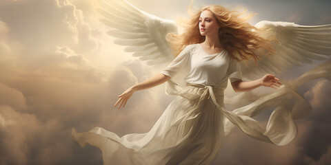Fototapeta na wymiar Angel wings in sky clouds, woman lights, HD wallpaper