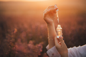 Close up female hands holding essential oil in a bottle with pipette in lavender field at sunset.