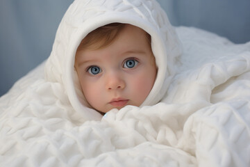 A delightful little Caucasian baby with big blue eyes and a tiny nose, wrapped in a soft white blanket on a bed, with an ideal background for advertisements.

Generative AI.