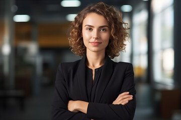 Portrait of confident smiling young woman in a business suit with arms crossed at modern office. happy female business woman standing in her office wearing a power suit