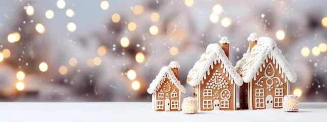 Gordijnen Christmas gingerbread house decoration on white background of defocused golden lights. Hand decorated. © petrrgoskov
