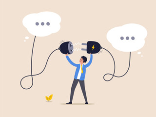 Communicate to solve problem concept. Connect idea for solution. Discussion or meeting to get new idea, collaboration or cooperate to success, businessman connect plug between conversation dialog.
