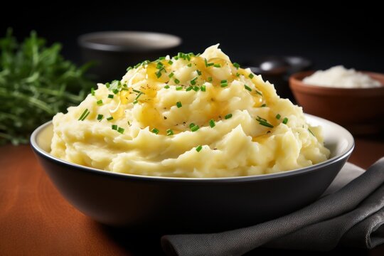 Homemade mashed potatoes for Thanksgiving holiday dinner, closeup