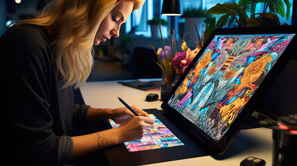 A digital artist creating design on computer - Powered by Adobe